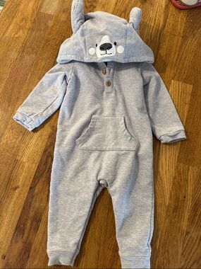 Gray Bear Hooded Baby One-Piece Bodysuit